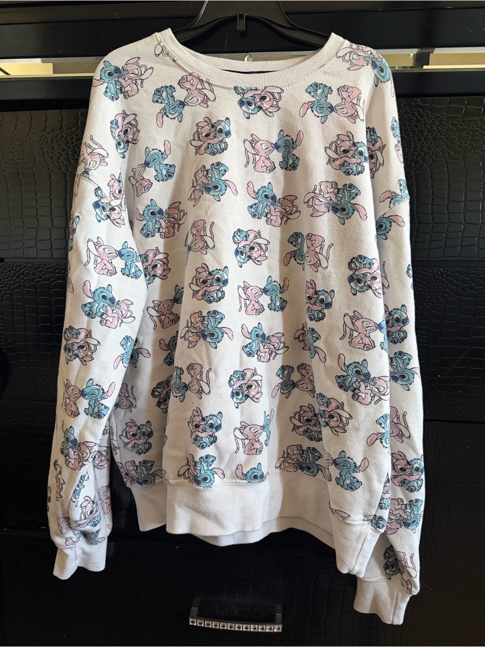 White Crewneck Sweater with Pink & Blue Stitch Print - Unbranded